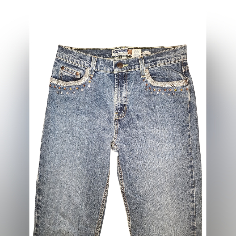 ​VTG Old Navy Y2K Lace Flare Jeans Bedazzled Idaho Star Size 8 Long Custom - Picture 2 of 12